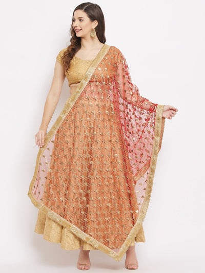 Red Embellished Net Dupatta styled with ethnic attire for elegant look.