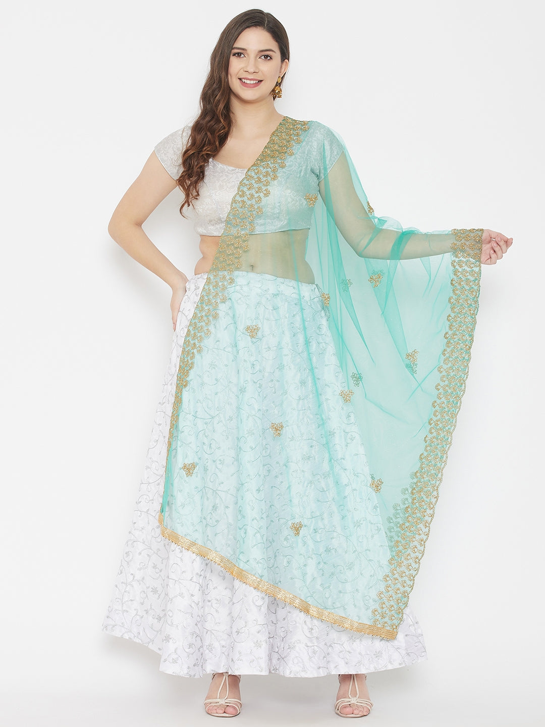 Clora Sea Green Embroidered Net Dupatta With Sequinned
