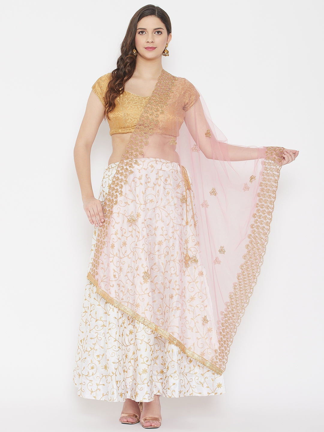 Baby pink embroidered net dupatta with sequins styled over traditional attire.