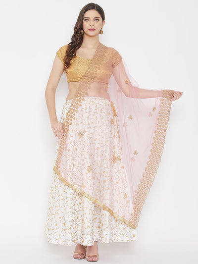Baby pink embroidered net dupatta with sequins styled over traditional attire.