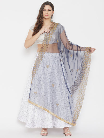 Clora Navy Blue Embroidered Net Dupatta With Sequinned