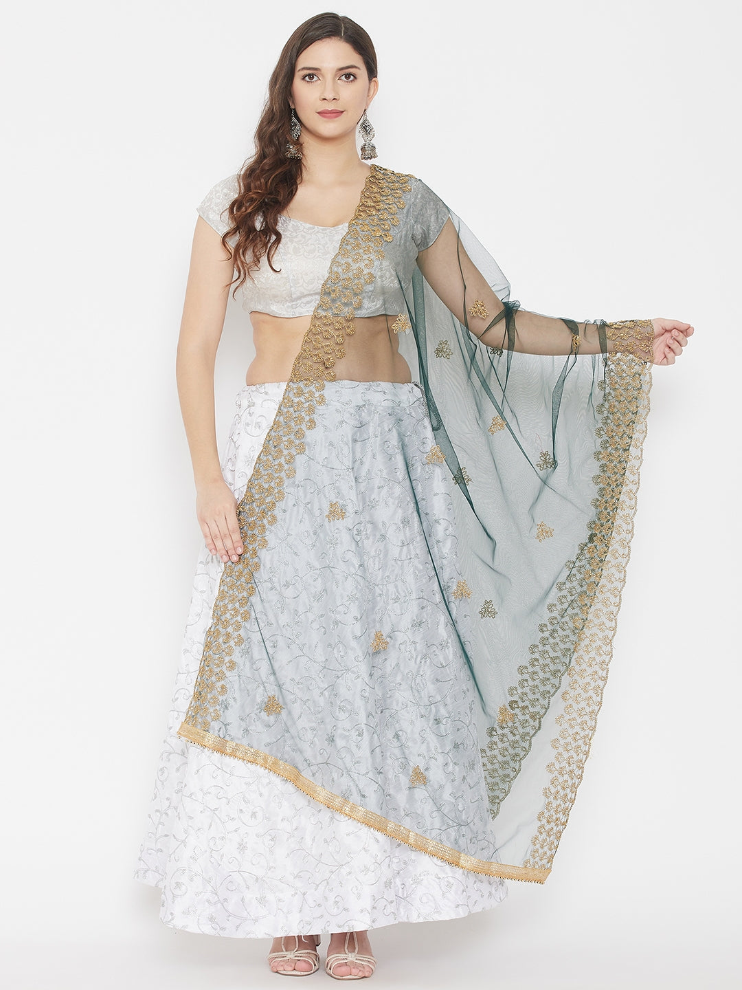 Bottle Green Embroidered Net Dupatta with sequins, styled with traditional ethnic wear.