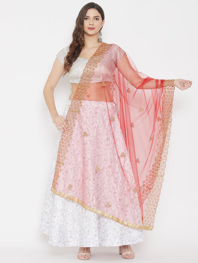 Red embroidered net dupatta with sequins, styled on model with ethnic outfit.