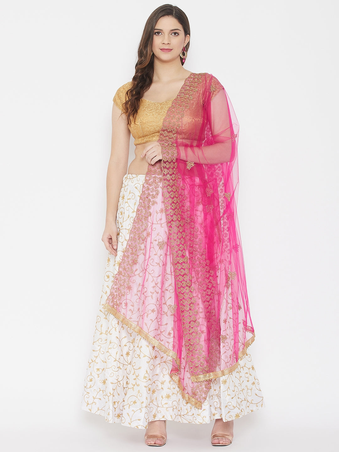 Clora Magenta Embroidered Net Dupatta With Sequinned