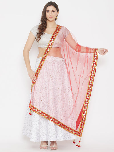 Red Gotta Patti Net Dupatta styled with traditional outfit, exemplifying ethnic elegance.