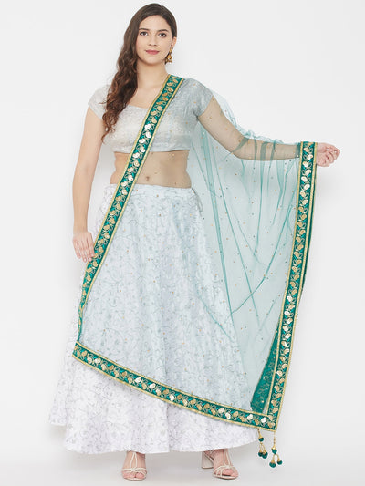 Bottle Green Gotta Patti Net Dupatta styled with ethnic wear.