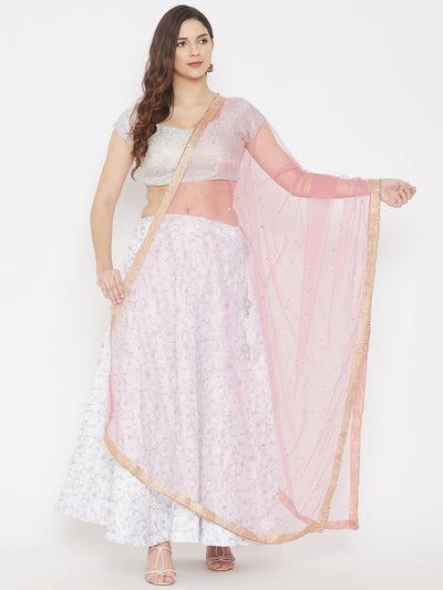 Light pink embellished net dupatta with delicate detailing, styled with a kurta set.