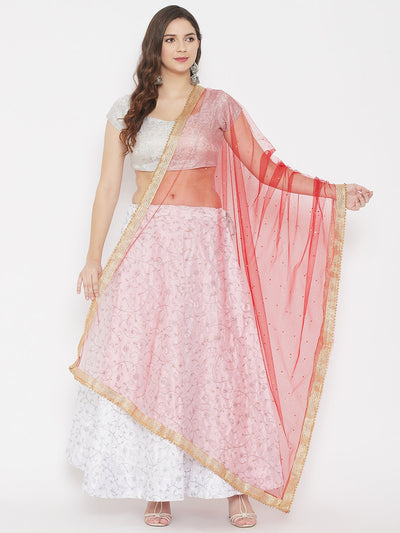 Red Embellished Net Dupatta styled with ethnic wear.