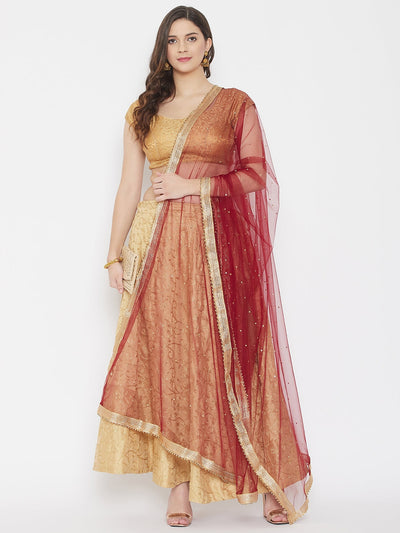 Maroon Embellished Net Dupatta styled with a traditional outfit.