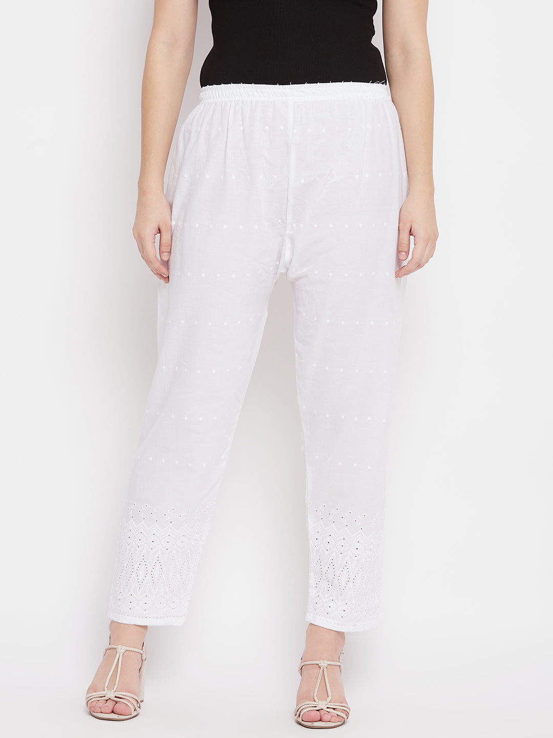 White Chikankari cotton palazzo with elastic waistband.