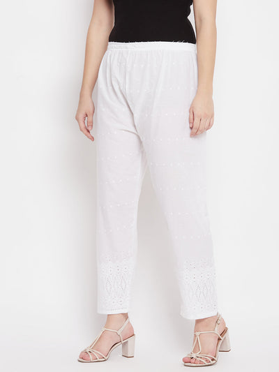White Chikankari Cotton Palazzo with elastic waistband and delicate embroidery.