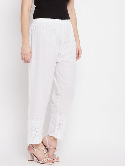 White Chikankari Cotton Palazzo with elasticated waistband and elegant design.