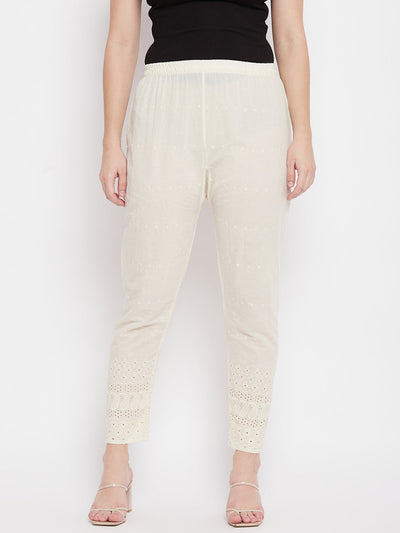 Cream Chikankari Cotton Palazzo with elastic waistband and elegant design.