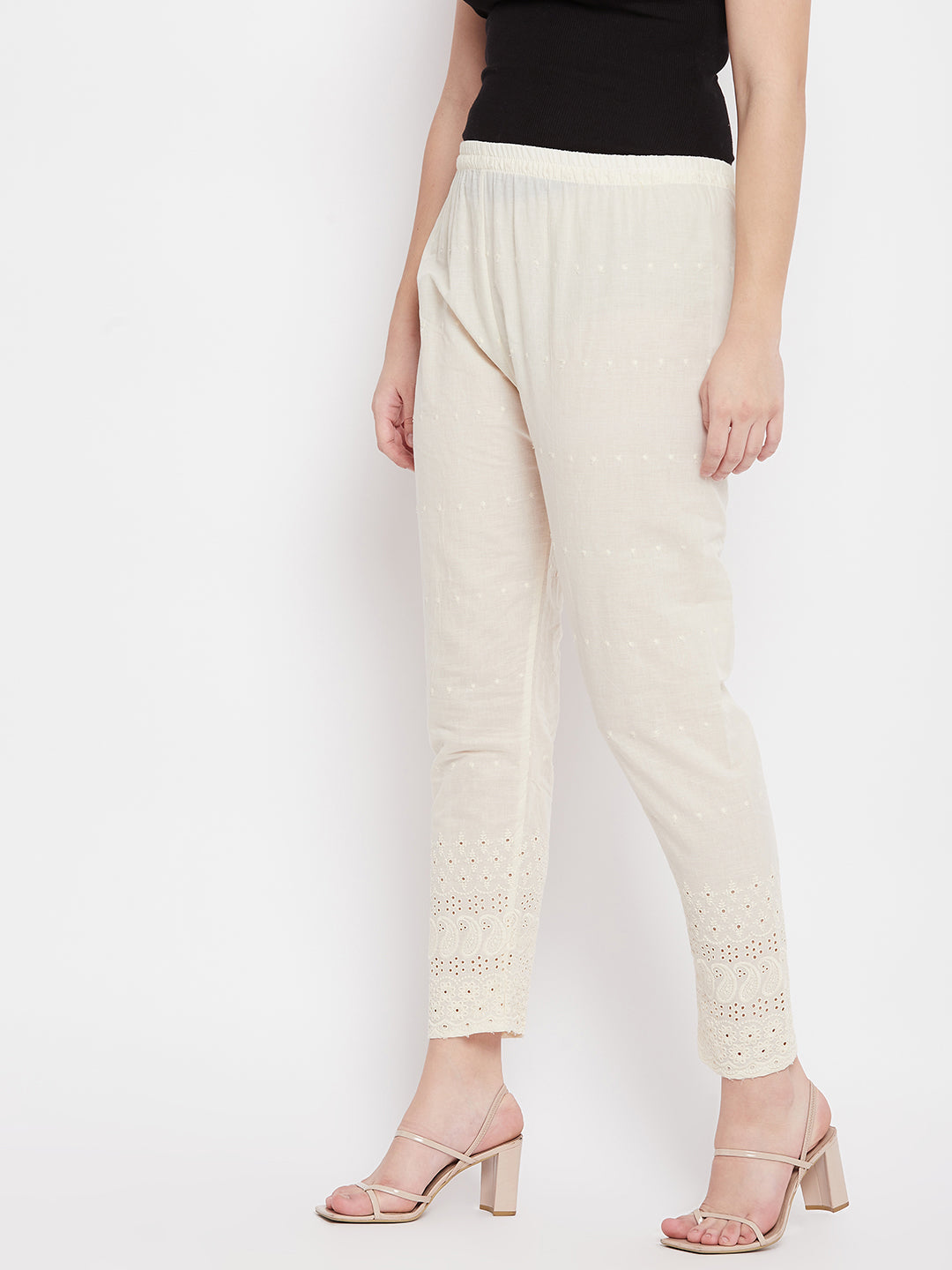 Cream Chikankari Cotton Palazzo with elasticated waistband for elegant look.
