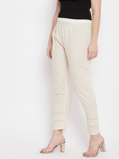 Cream Chikankari Cotton Palazzo with elasticated waistband for elegant look.