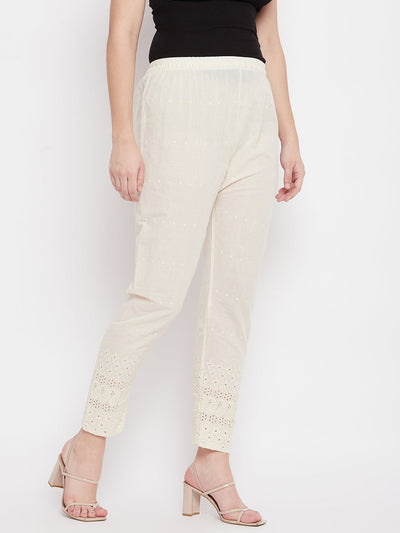 Cream Chikankari Cotton Palazzo with elastic waistband and intricate detailing.