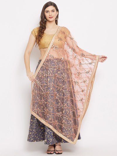 Clora Peach Embroidered Net Dupatta With Sequined