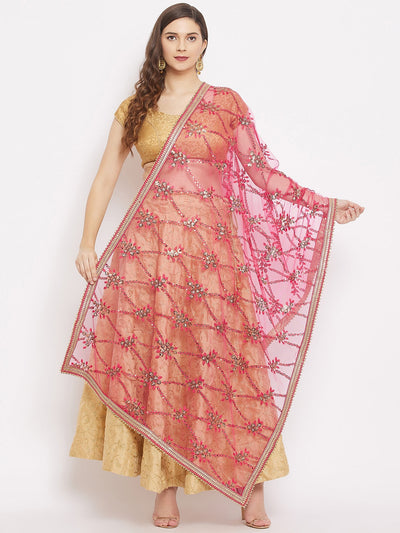 Clora Pink Embroidered Net Dupatta With Sequined