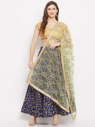Clora Pista Green Embroidered Net Dupatta With Sequined