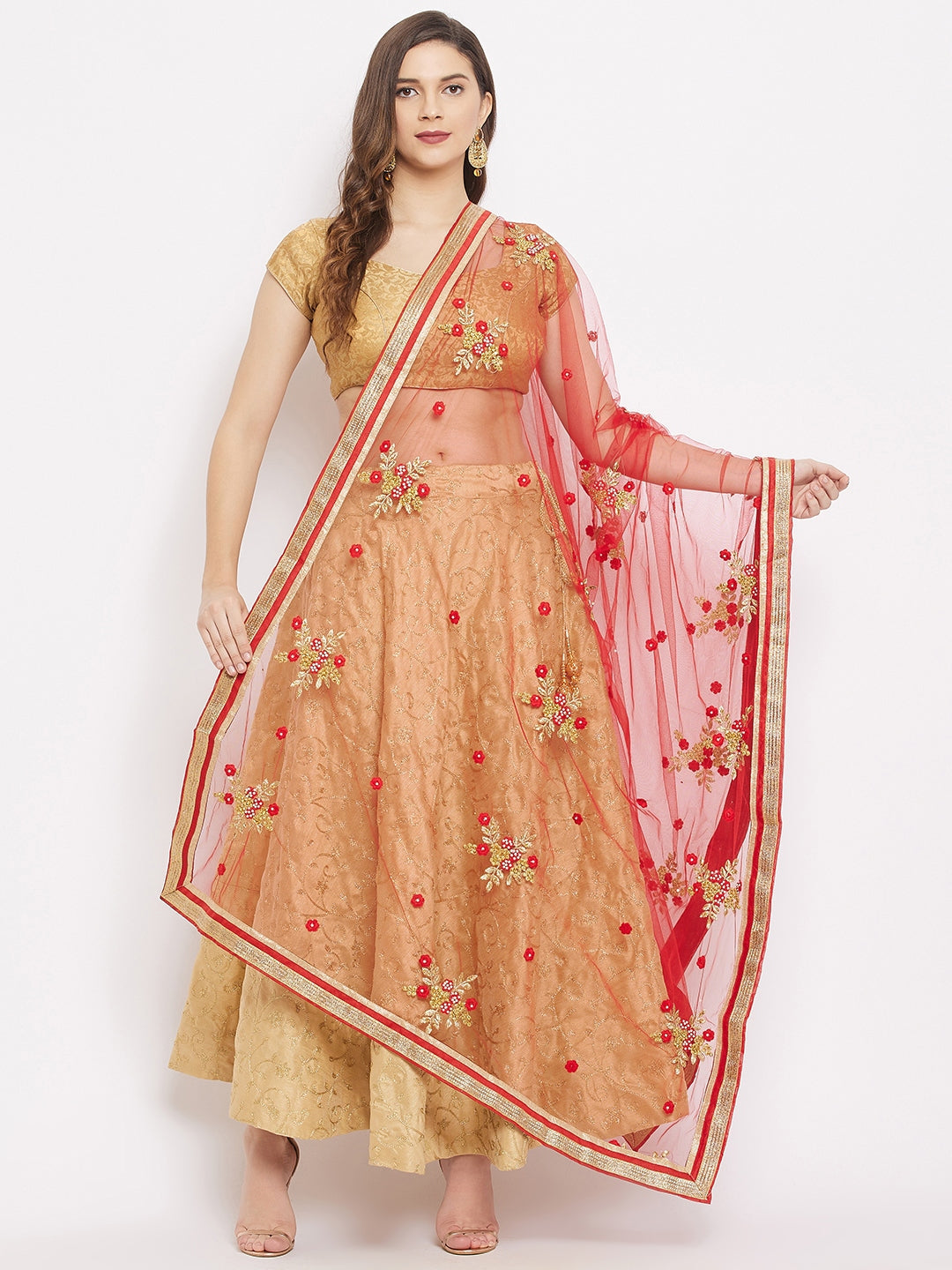 Clora Red Embroidered Net Dupatta 