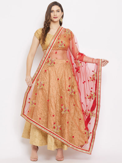 Clora Red Embroidered Net Dupatta 