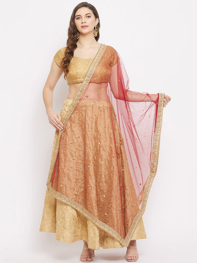 Maroon embellished dupatta with beads and stones styled over ethnic attire.