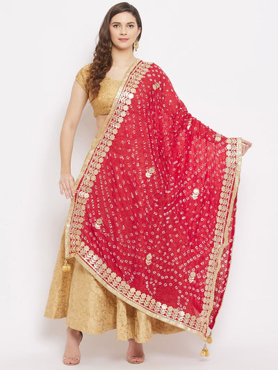 Red Bandhani Tie & Dye Dupatta with intricate ethnic design.