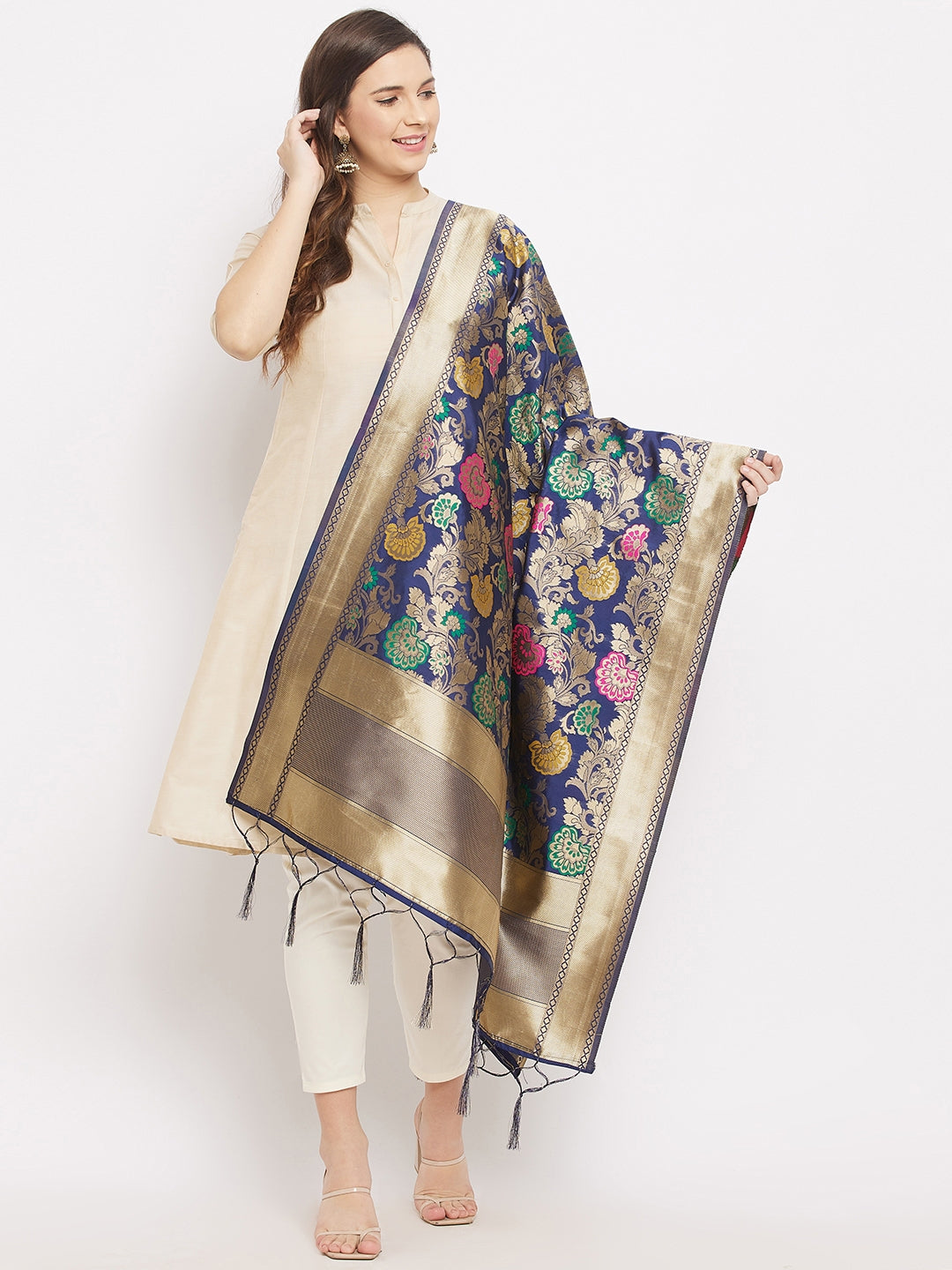 Navy Blue Banarsi Silk Dupatta with intricate design from Clora Creation