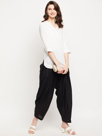 Black solid pure cotton Patiala salwar, comfortable and lightweight for all-day wear.