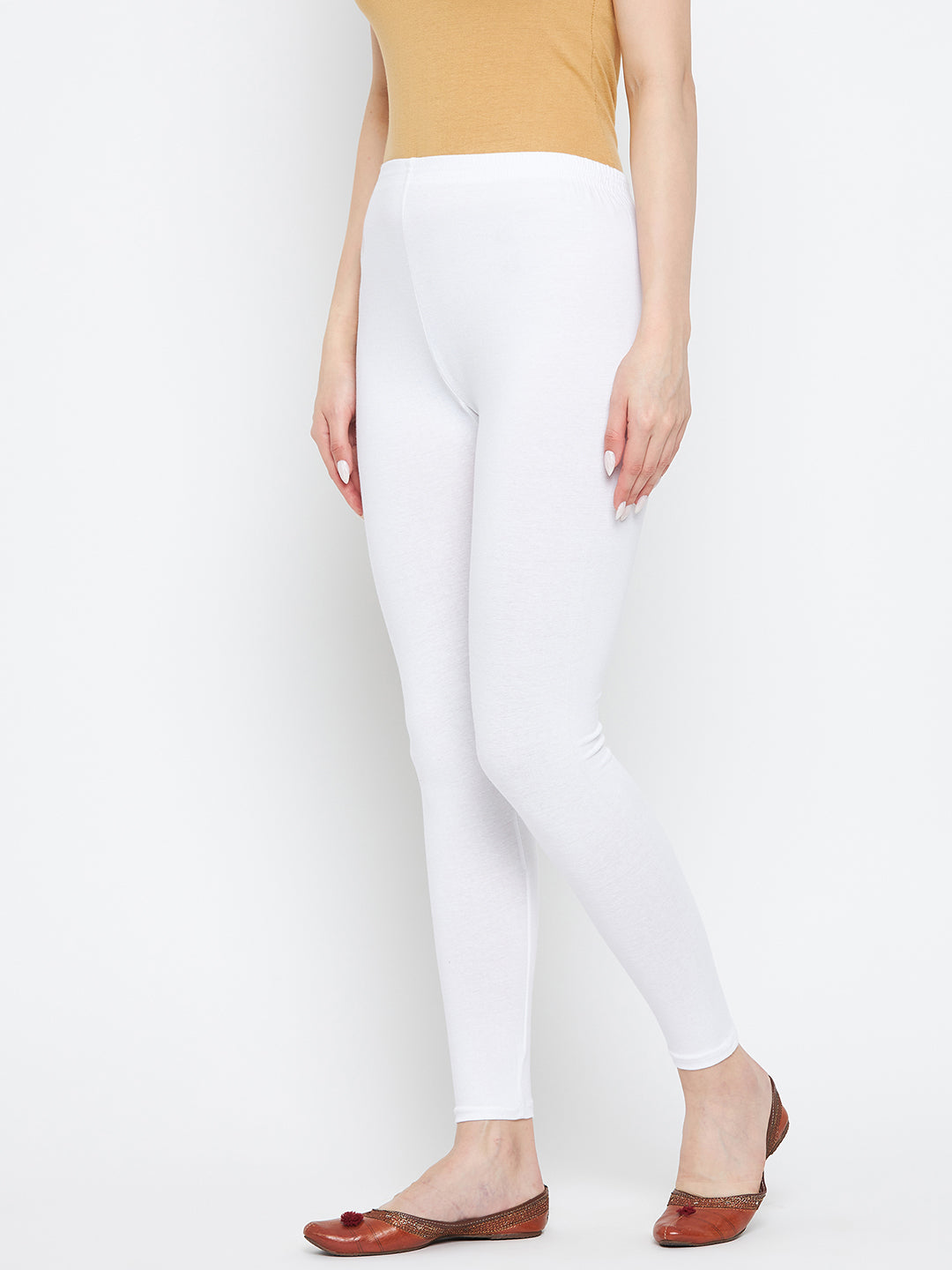 Clora Off-White Solid Ankle Length Leggings