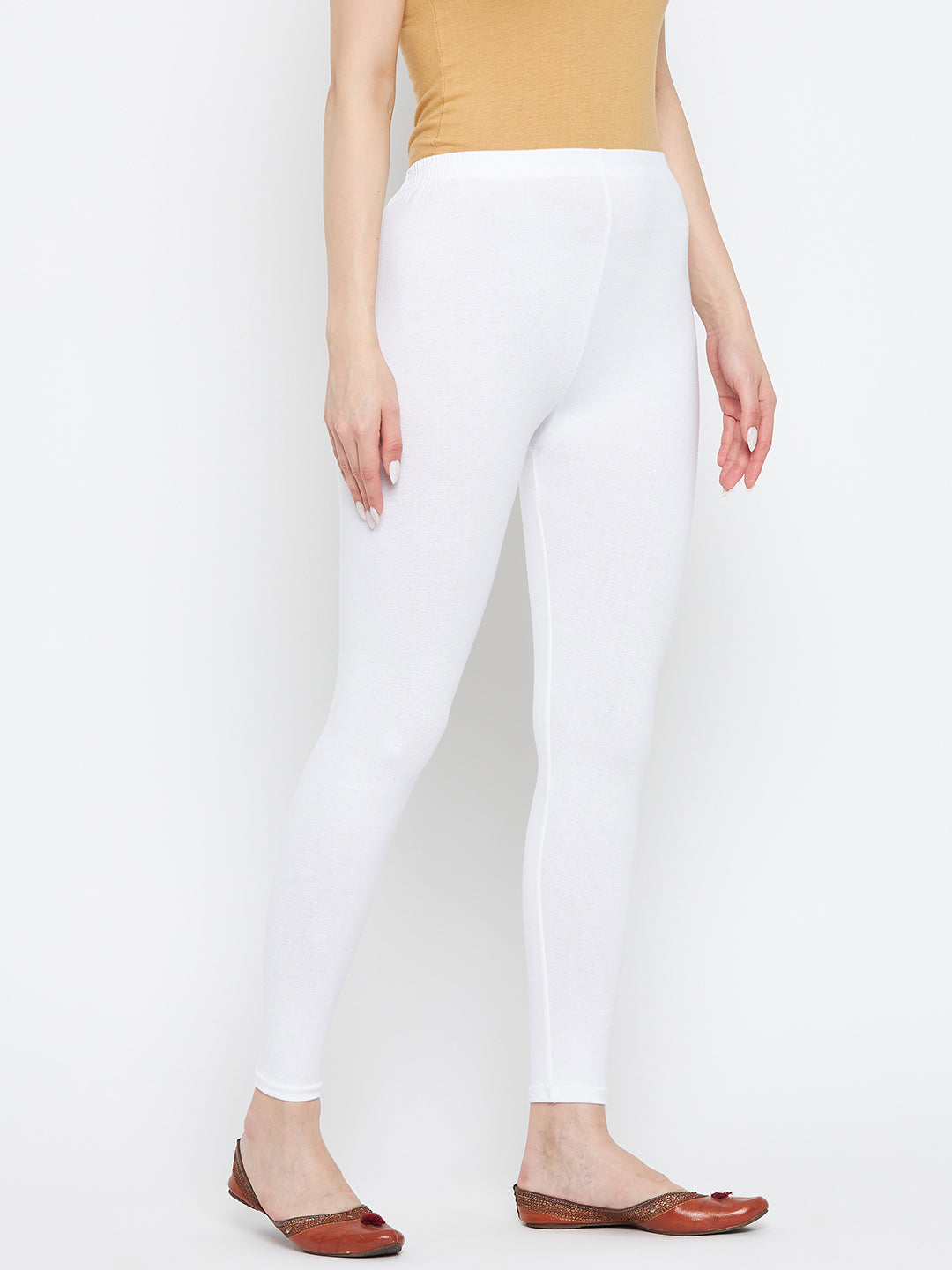 Clora Off-White Solid Ankle Length Leggings