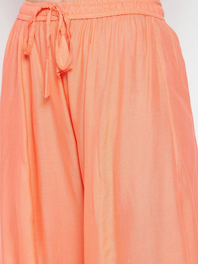 Peach solid rayon sharara with drawstring waist detail.