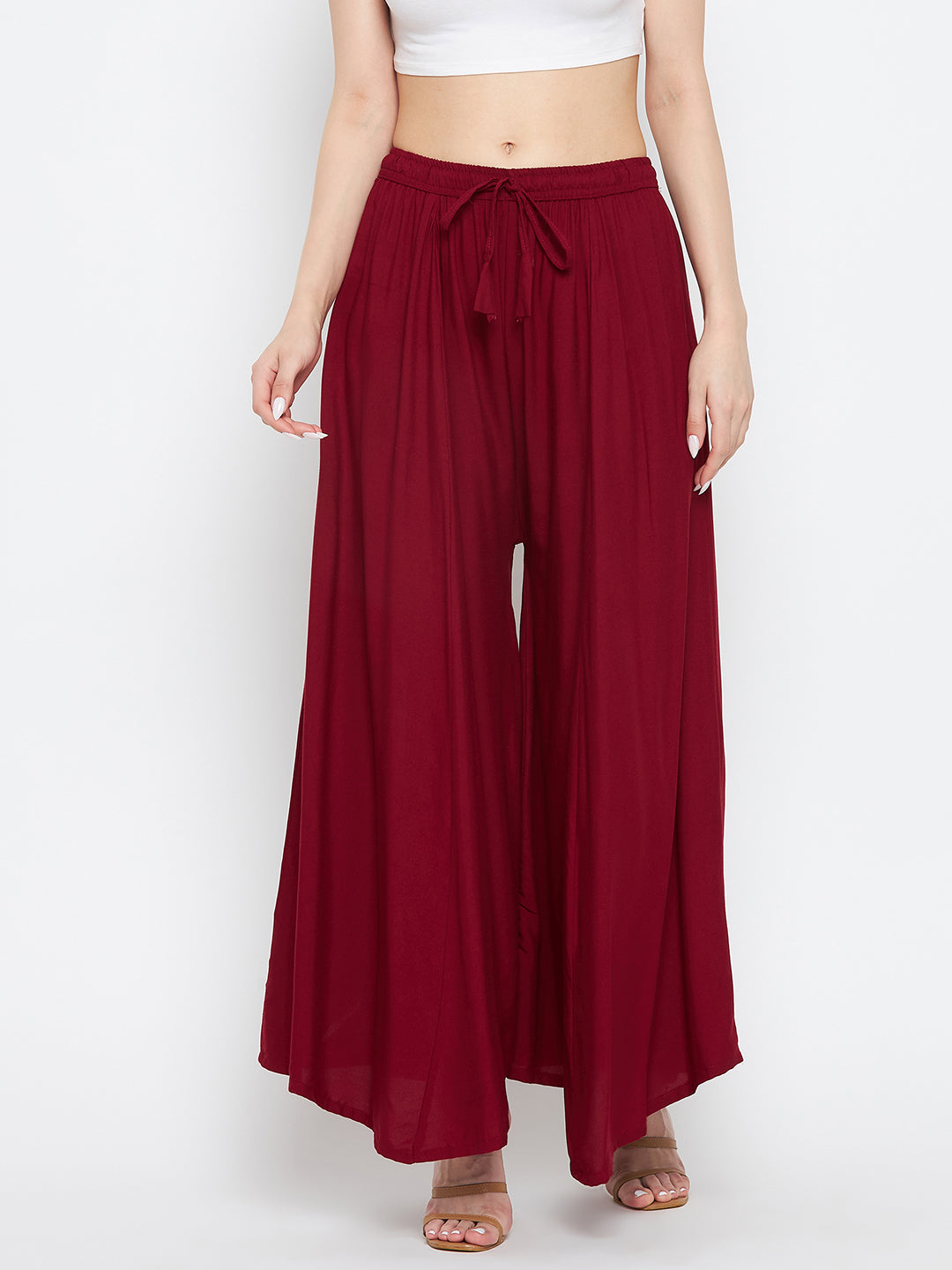 Maroon solid rayon sharara for casual summer wear.
