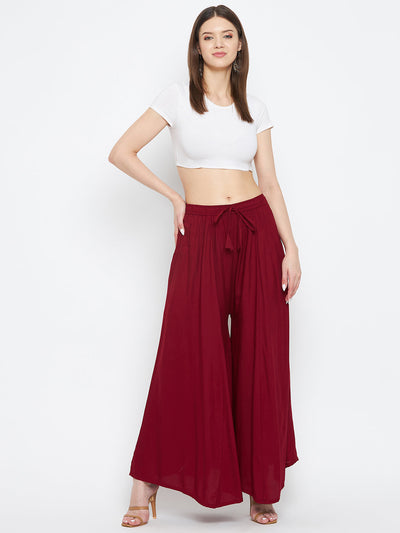 Maroon solid rayon sharara, premium quality lightweight fabric, ideal for casual summer wear.