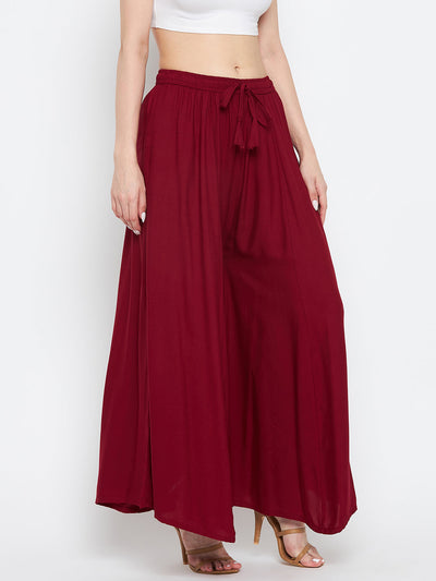 Maroon solid rayon sharara, lightweight and comfortable summer wear.