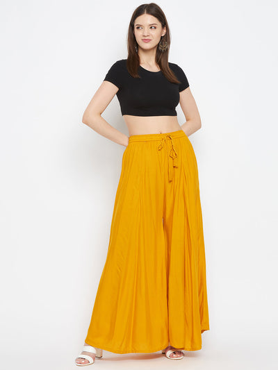 Mustard solid rayon sharara from Clora, lightweight and comfortable for summer wear.