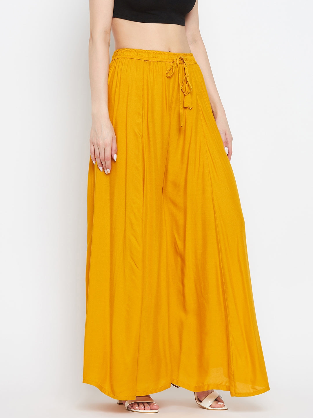 Mustard solid rayon sharara for summer wardrobe comfort.
