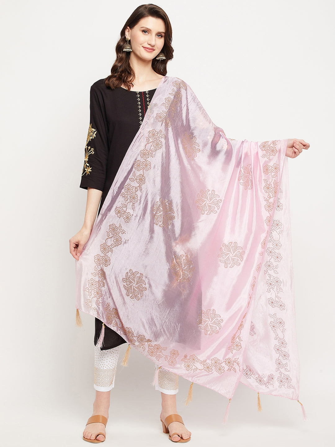 Baby Pink Embellished Silk Dupatta