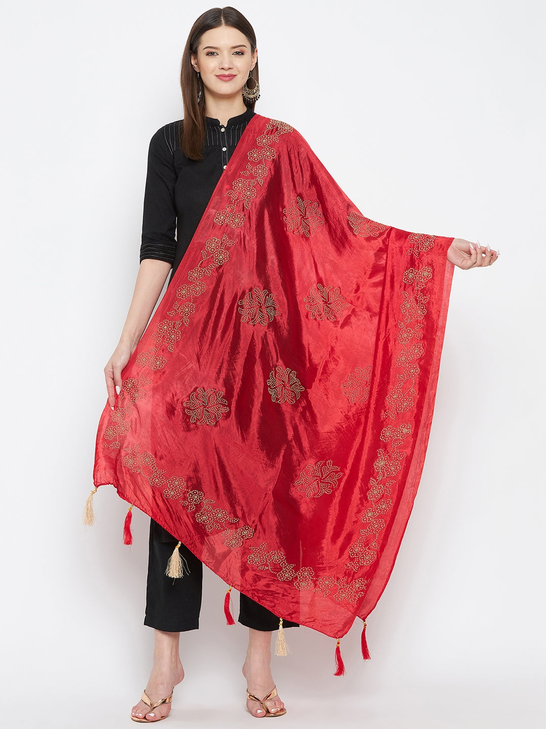 Red Embellished Silk Dupatta