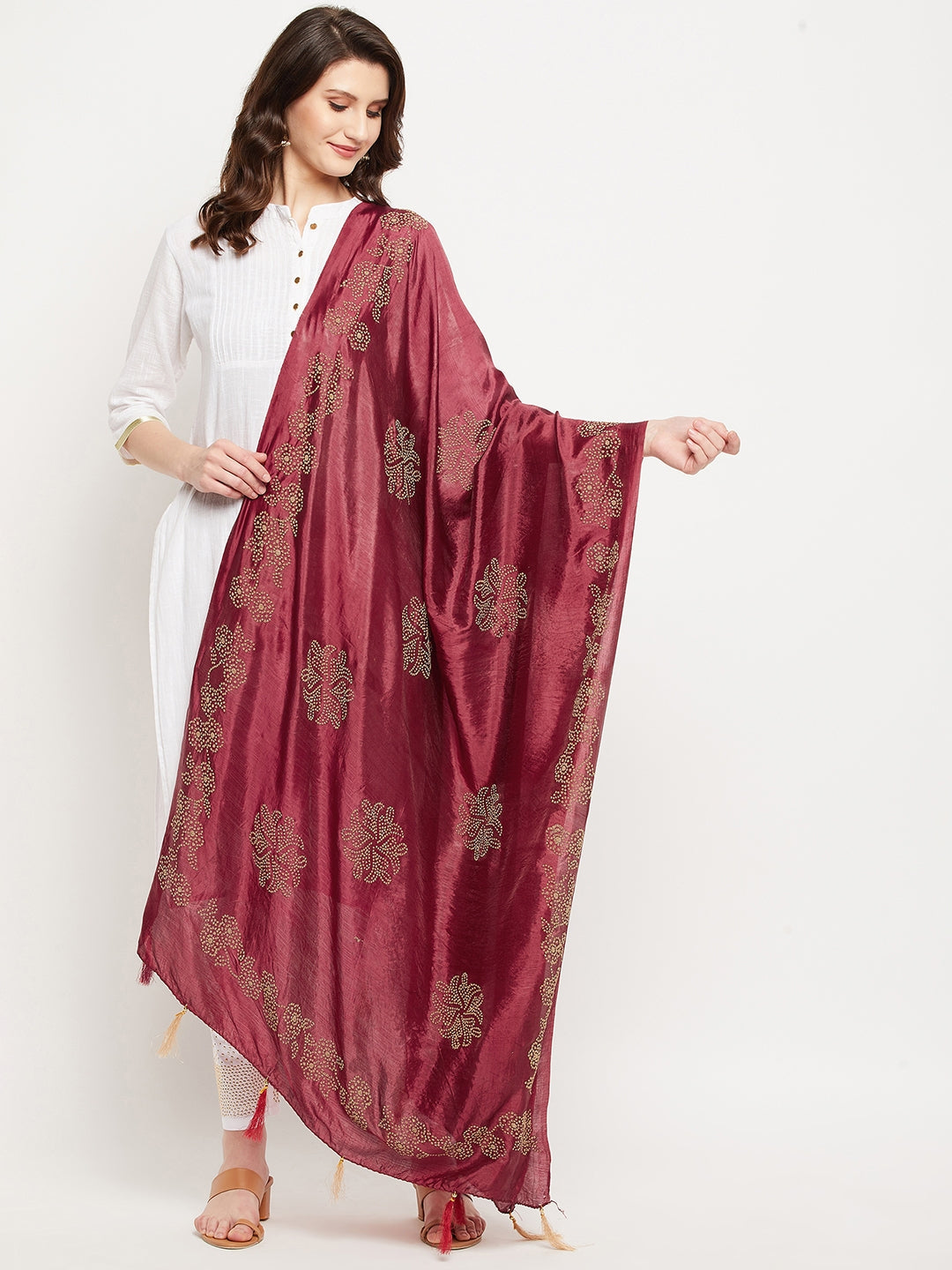 Maroon Embellished Silk Dupatta