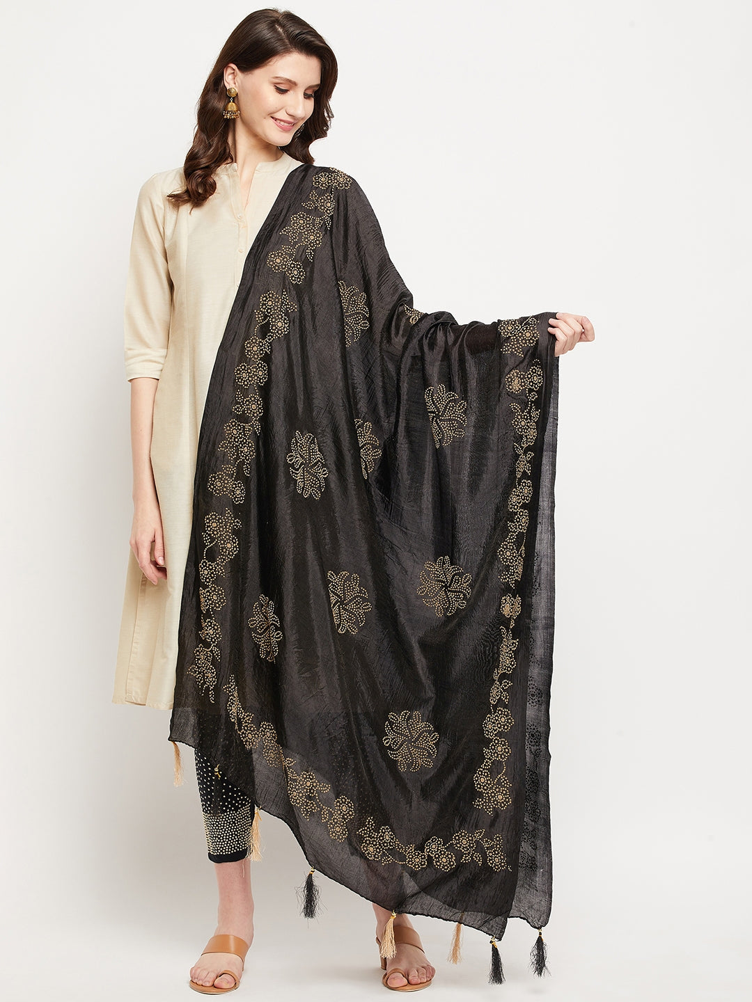 Black Embellished Silk Dupatta