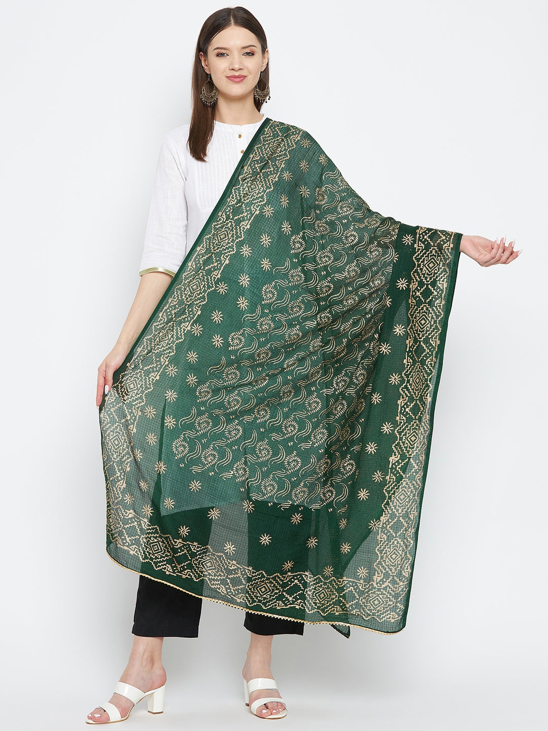 Bottle Green Printed Cotton Blend Dupatta