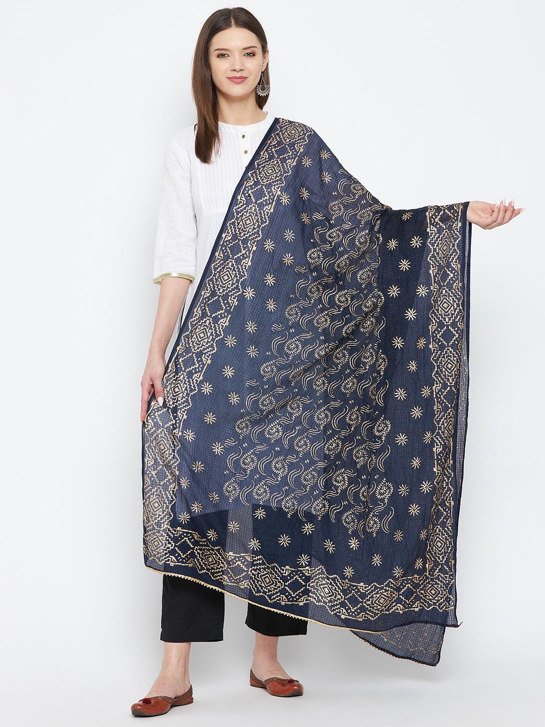 Navy Blue Printed Cotton Blend Dupatta