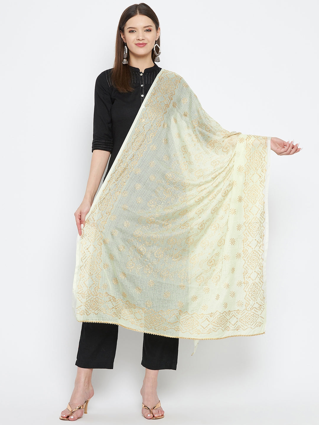 Cream Printed Cotton Blend Dupatta