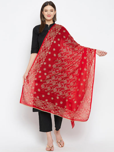 Red printed cotton blend dupatta with ethnic patterns from Clora Creation.