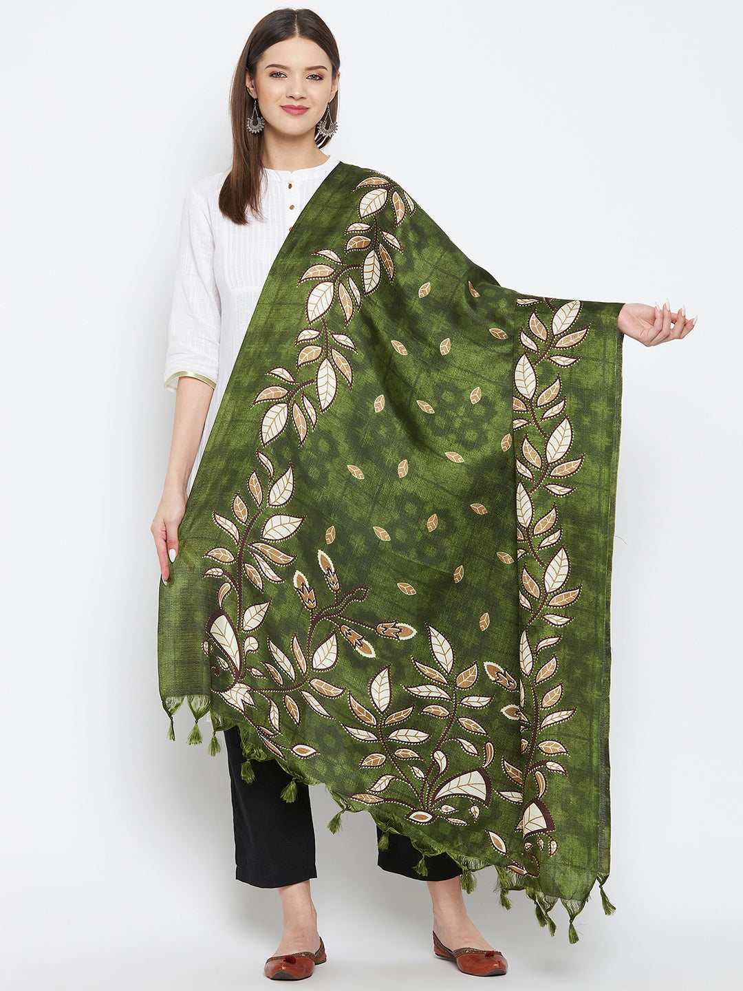 Olive Leaf Print Silk Dupatta