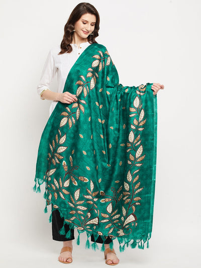 Rama Green Leaf Print Silk Dupatta