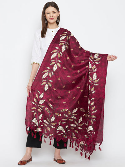 Maroon Leaf Print Silk Dupatta