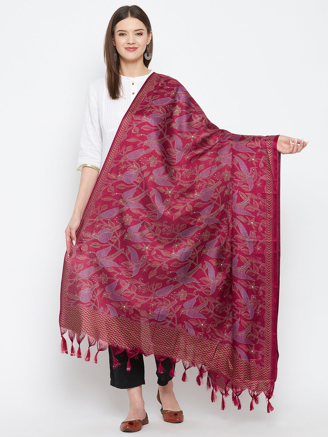 Maroon Printed Silk Blend Dupatta
