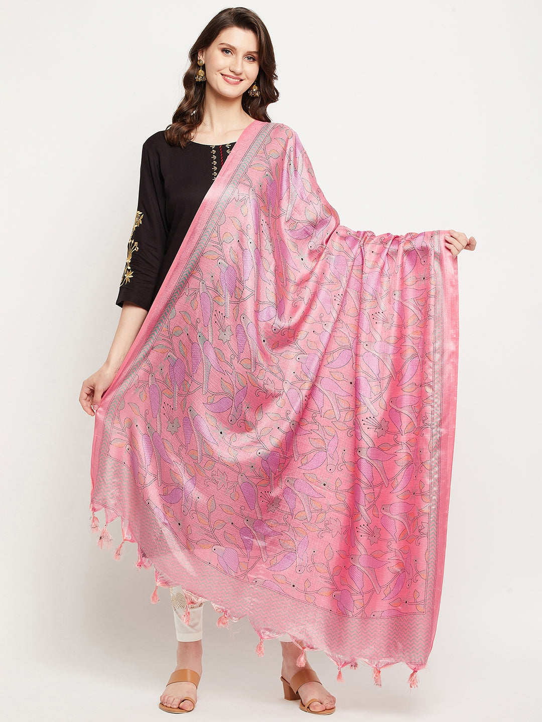 Peach printed silk blend dupatta showcasing ethnic design.
